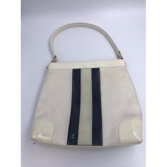 Gucci Vintage White Canvas and Patent Leather Satchel with Black Stripe - Picture 2 of 7